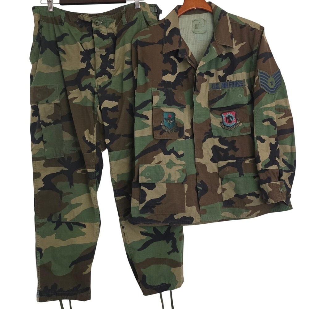 VTG Y2K US Air Force Woodland Camo BDU Set Large Short Jacket w/ Patches & Pants